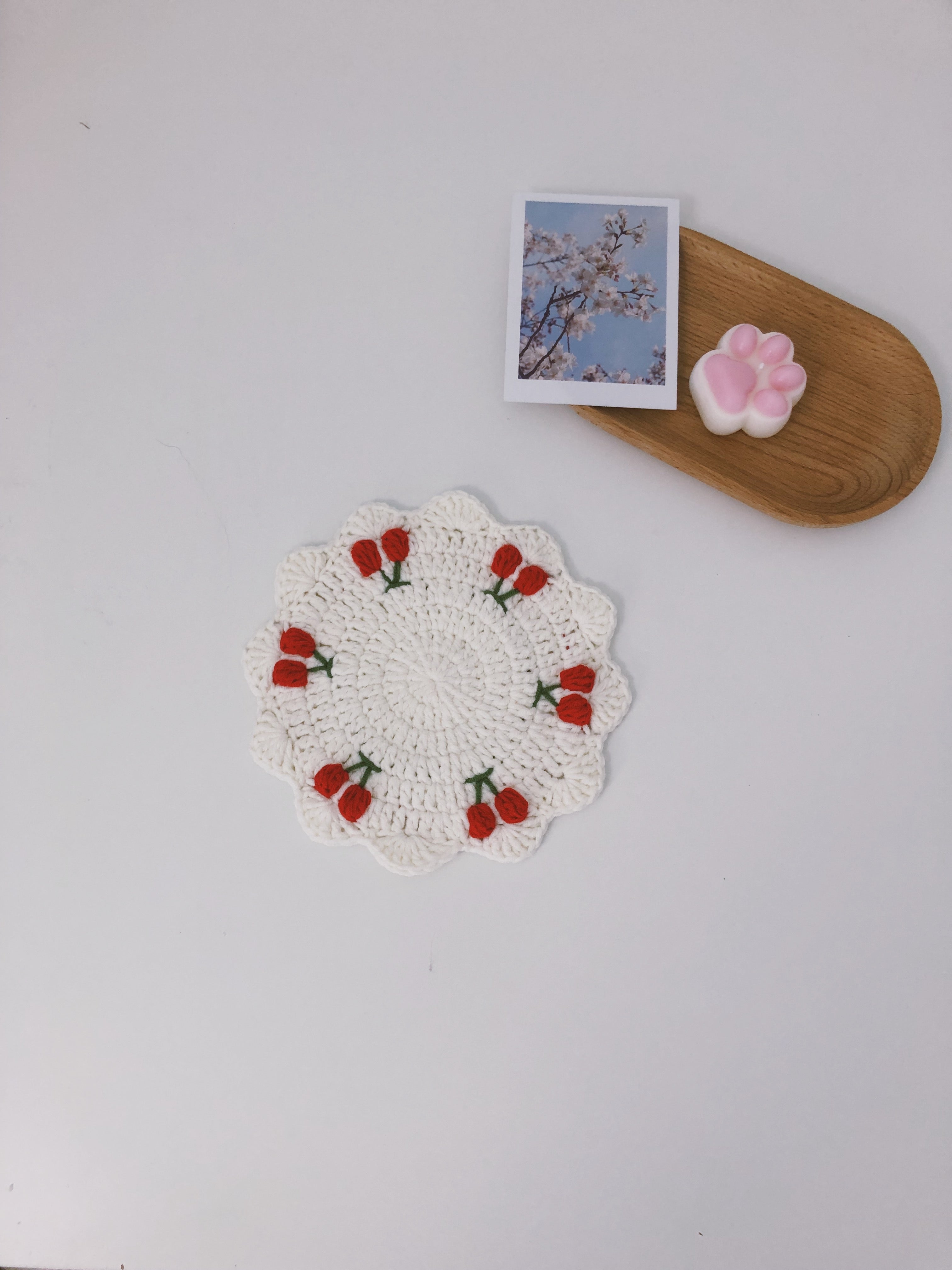 Crochet coaster/cup mat/doily - Mini Cherries