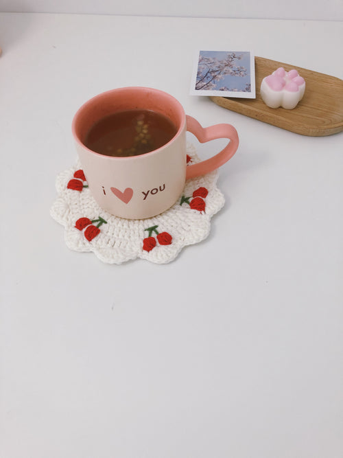 Crochet coaster/cup mat/doily - Mini Cherries
