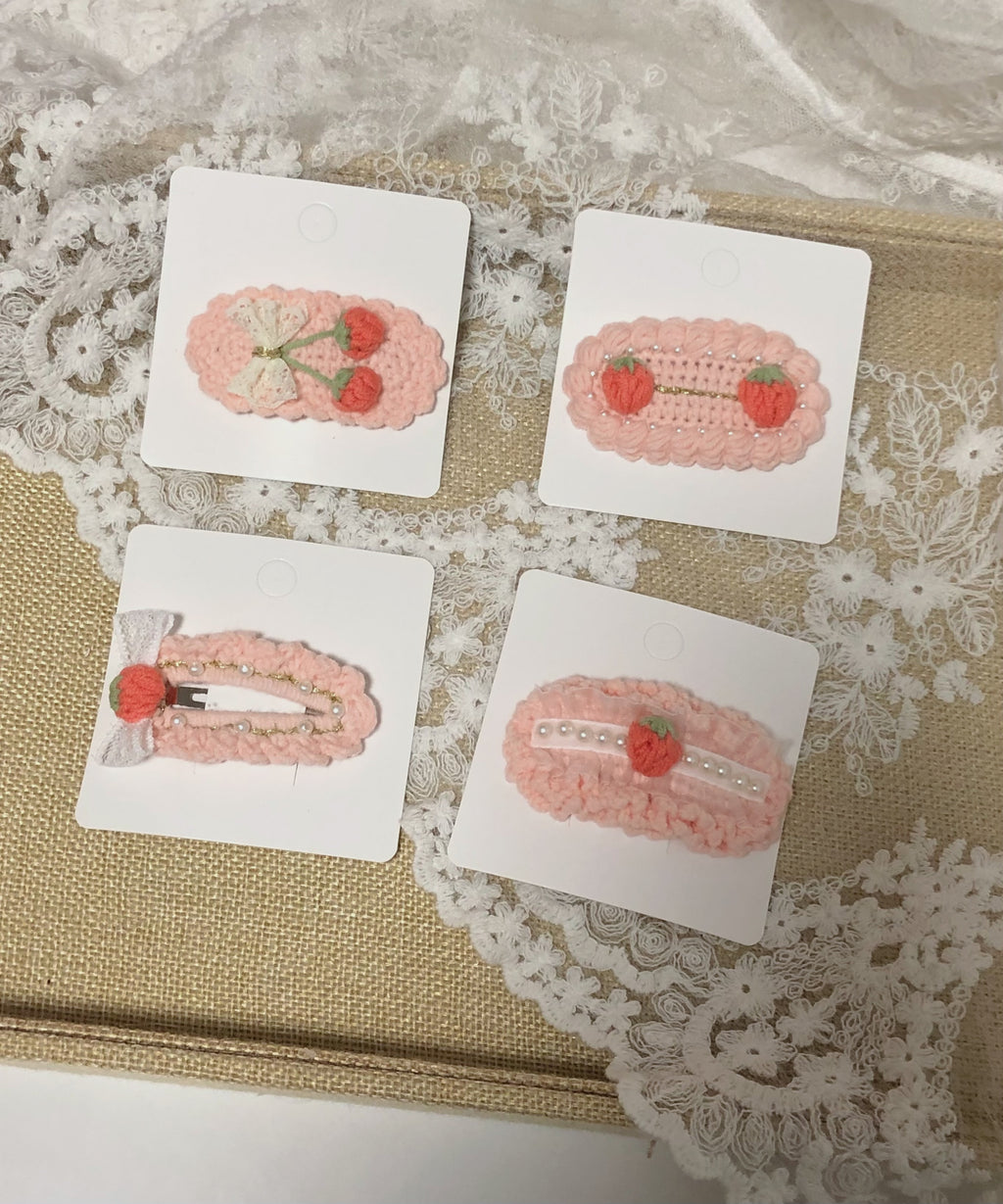 Crochet/Handmade Hair Clips/Hairpin -Pink Strawberries