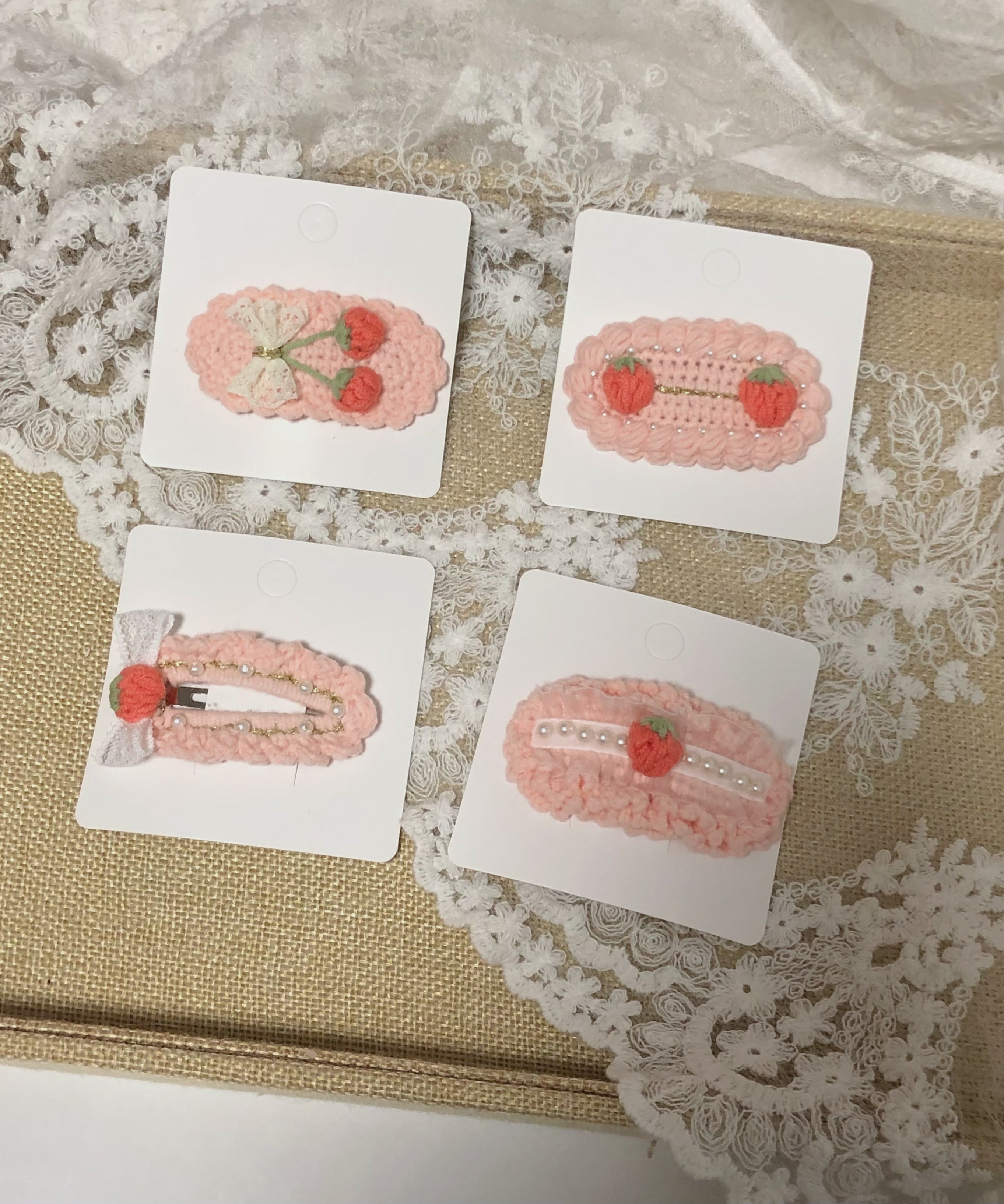 Crochet/Handmade Hair Clips/Hairpin -Pink Strawberries