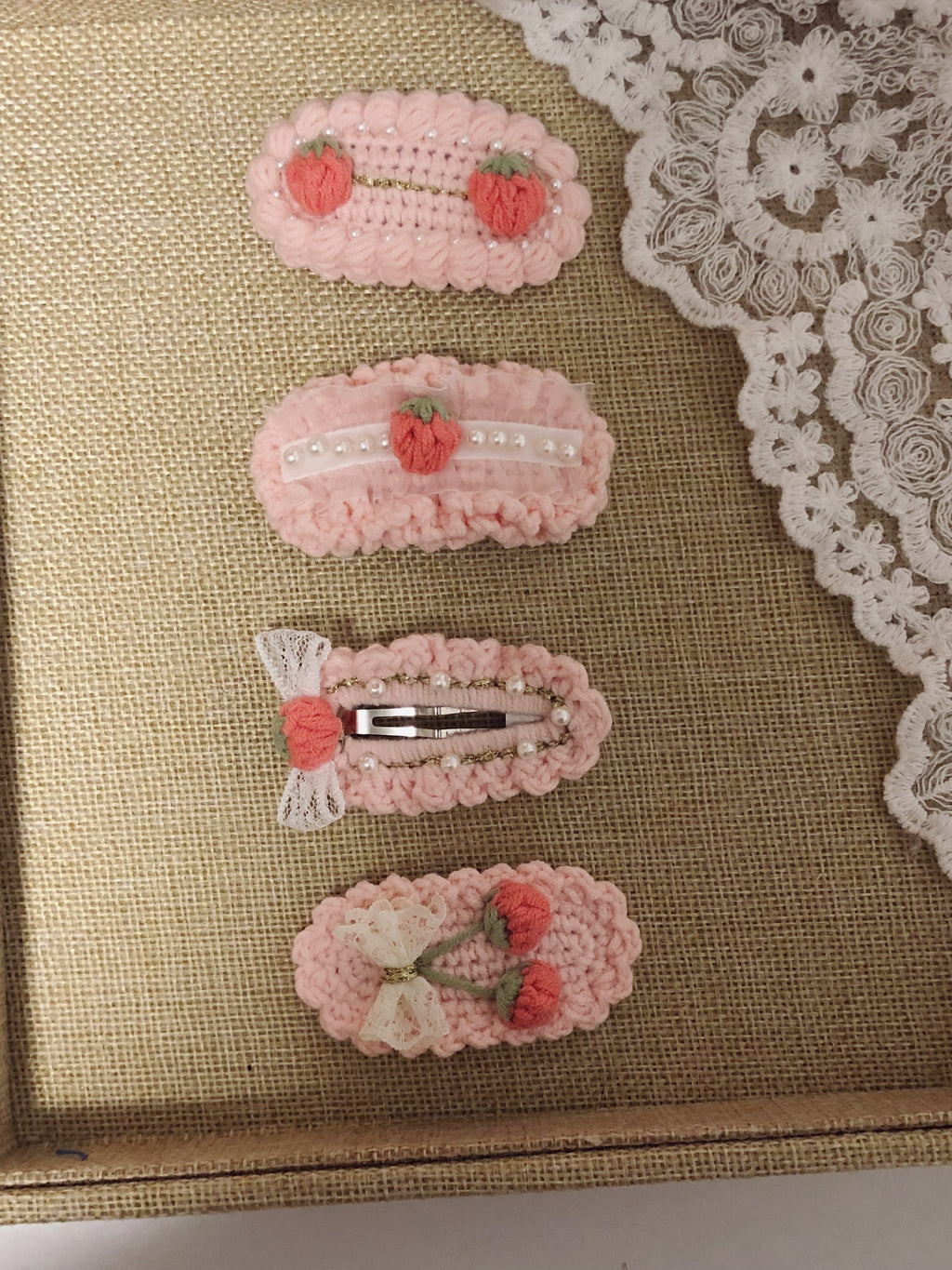 Crochet/Handmade Hair Clips/Hairpin -Pink Strawberries