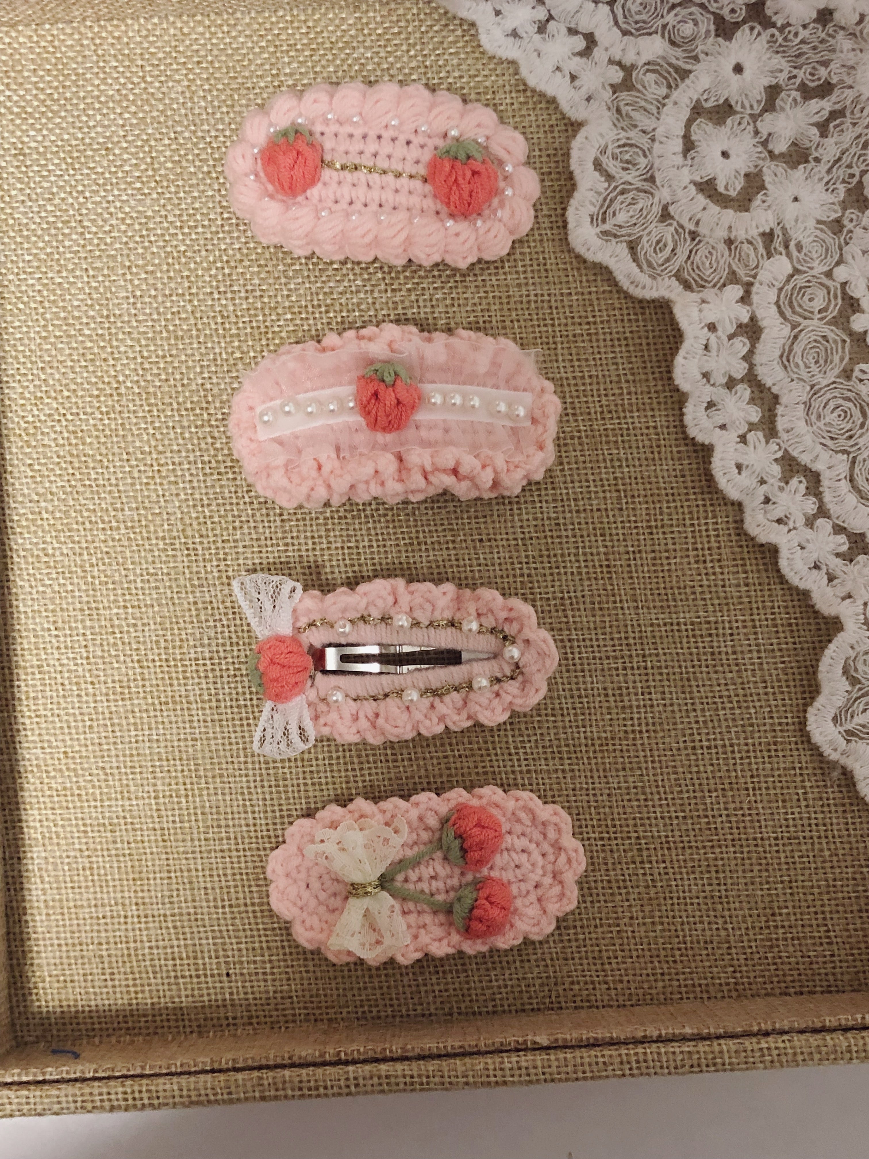 Crochet/Handmade Hair Clips/Hairpin -Pink Strawberries