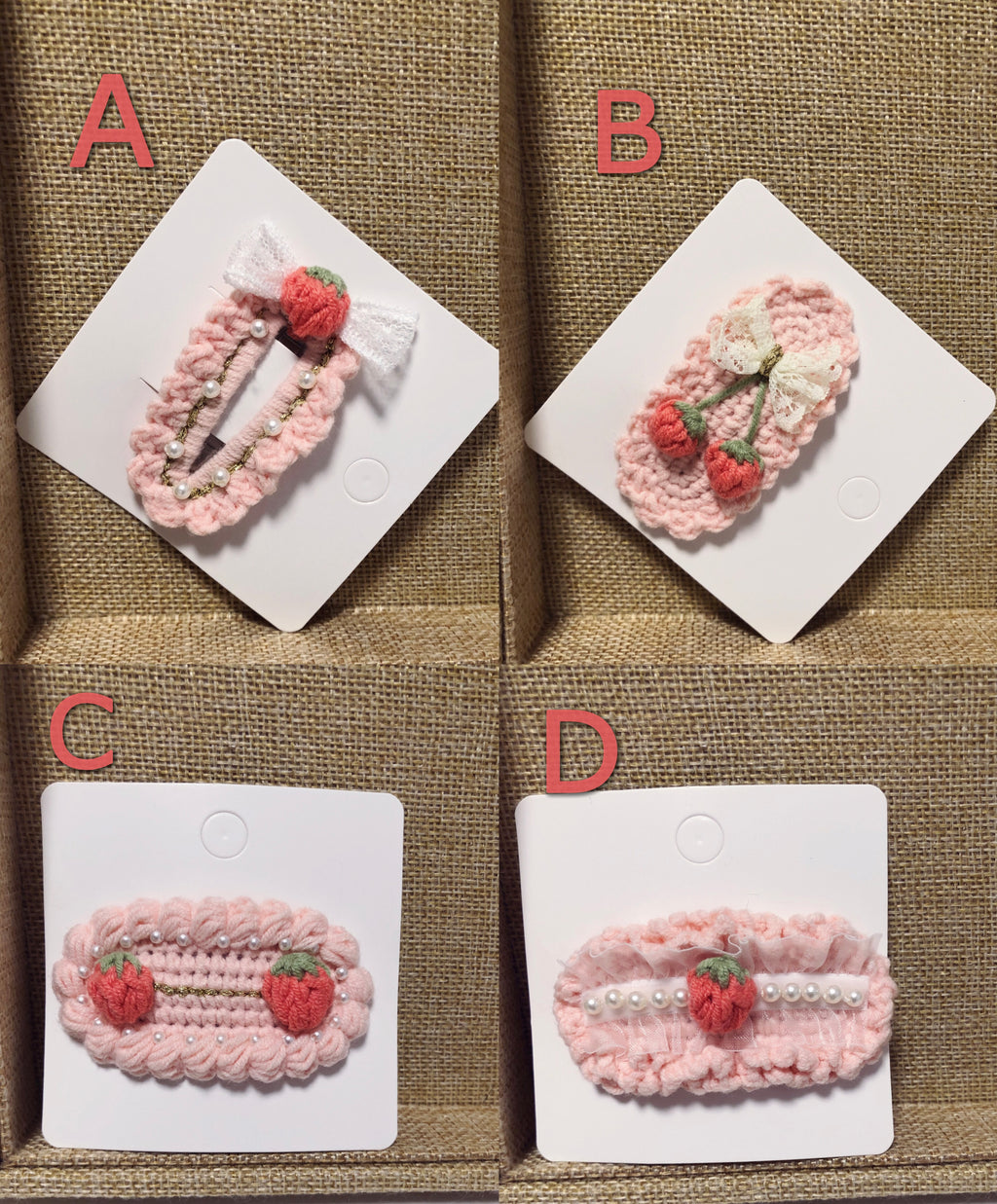 Crochet/Handmade Hair Clips/Hairpin -Pink Strawberries