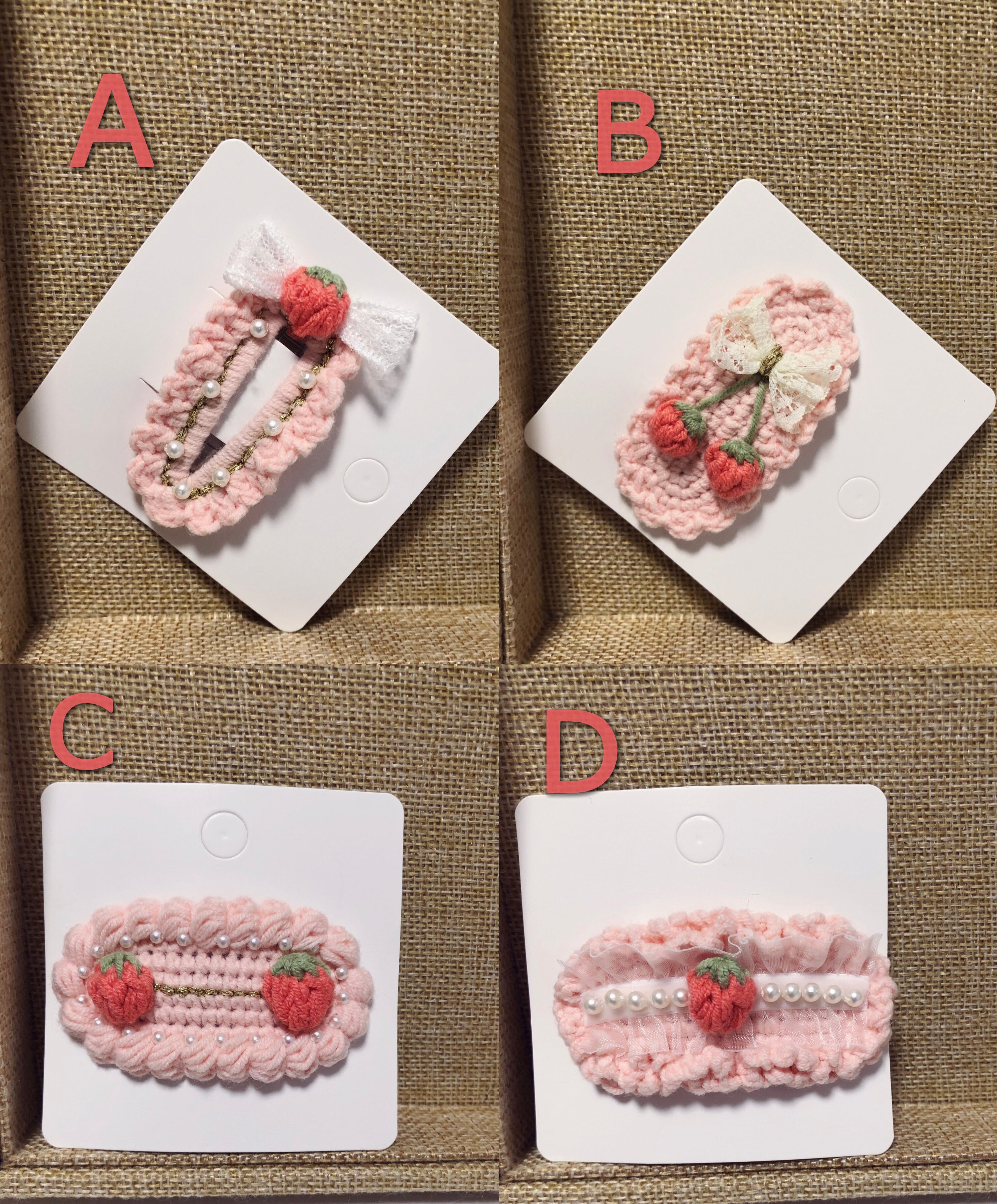 Crochet/Handmade Hair Clips/Hairpin -Pink Strawberries