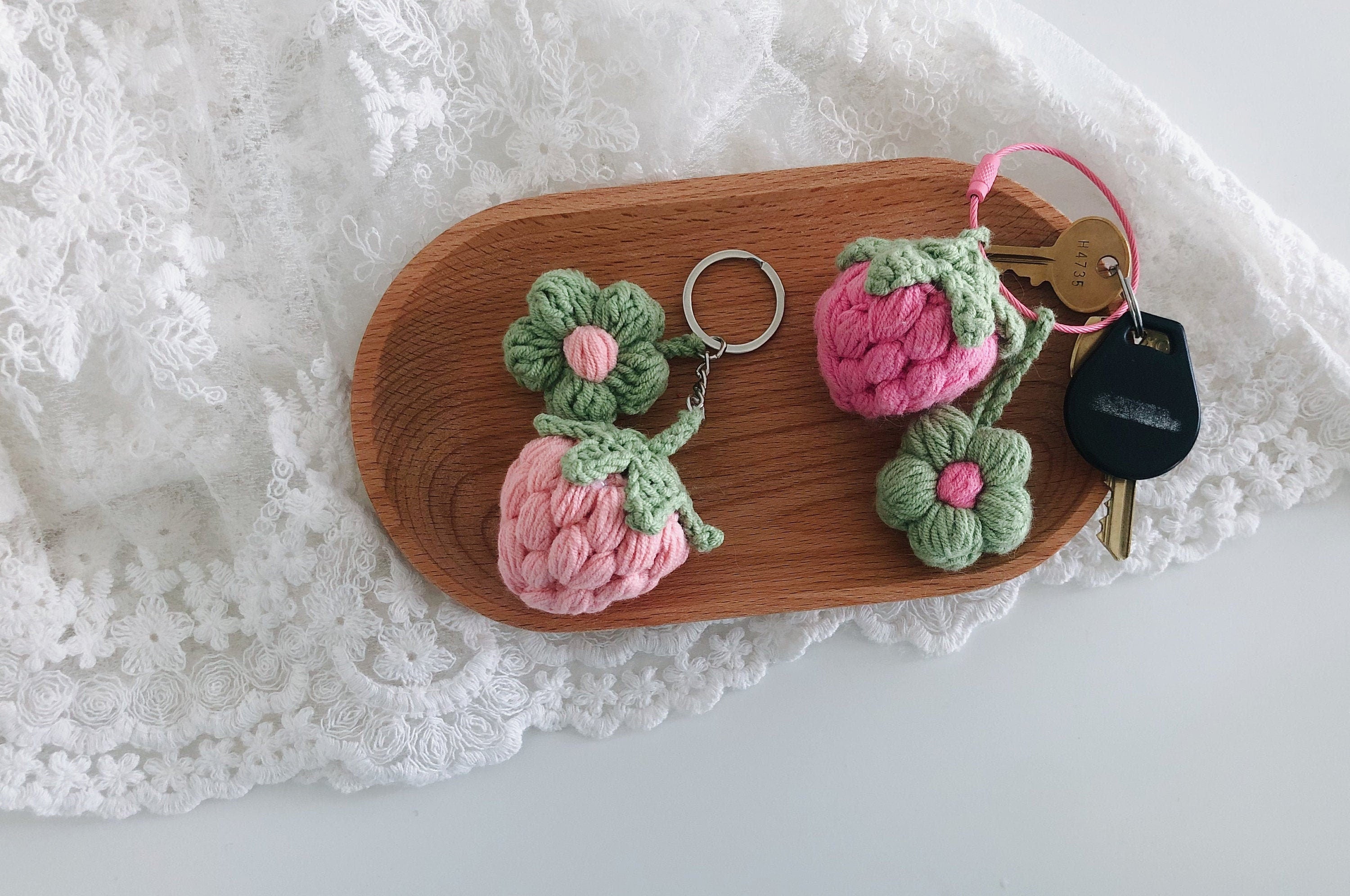 Crochet Keychain - Strawberry and Flower -Handmade