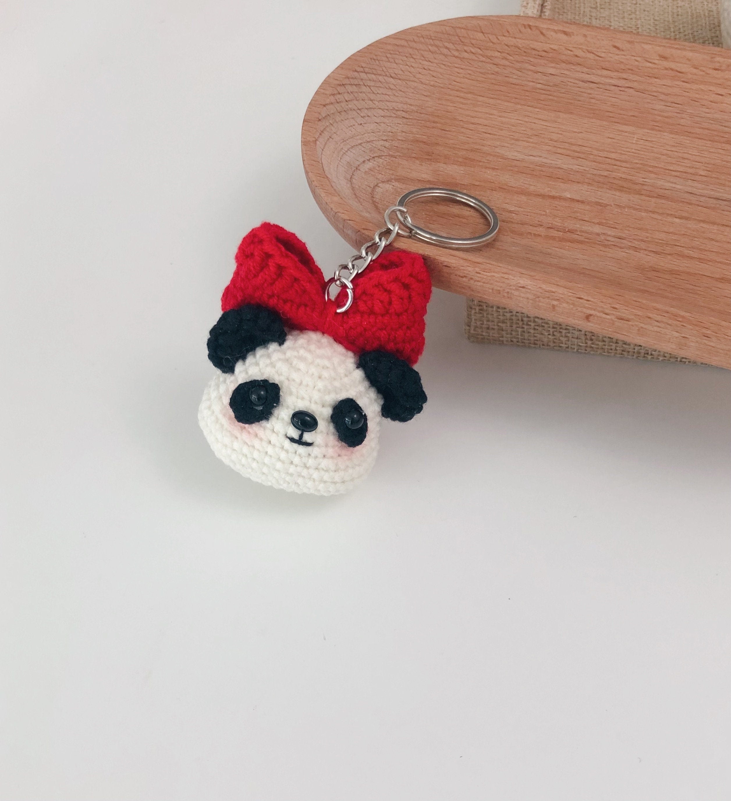 Crochet Keychain/Ornament/Brooch_Cute Pandas_ Crochet Bowknot/Orange/Bamboo