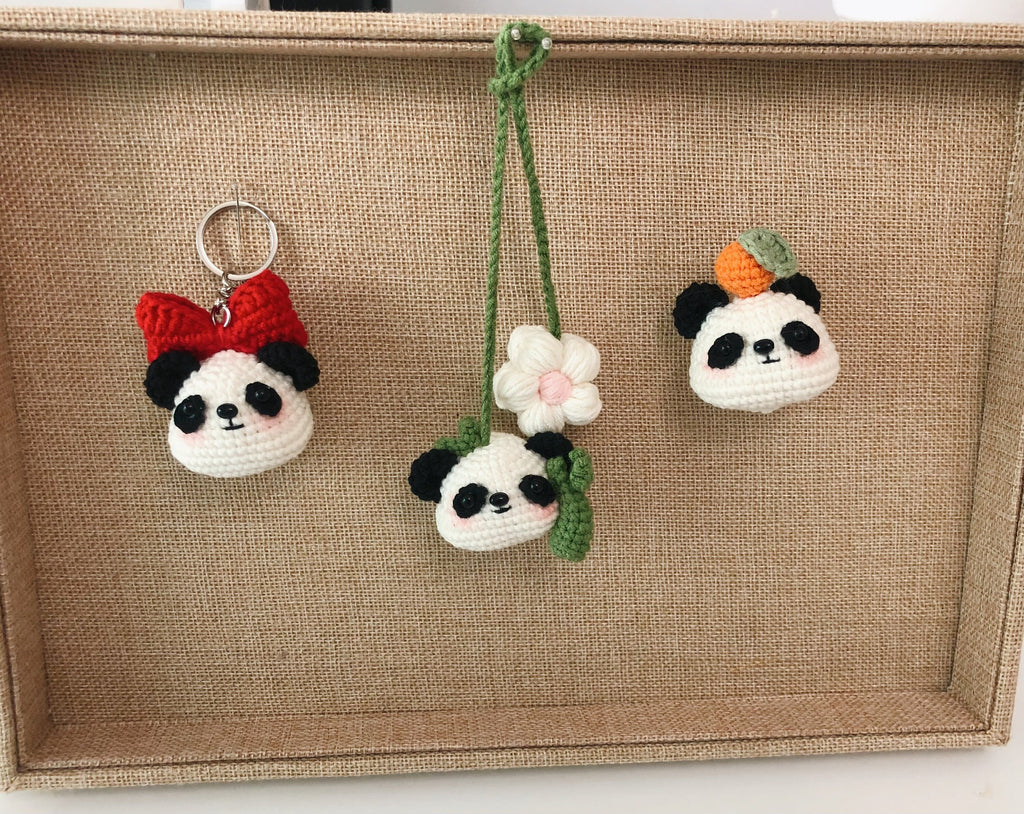 Crochet Keychain/Ornament/Brooch_Cute Pandas_ Crochet Bowknot/Orange/Bamboo