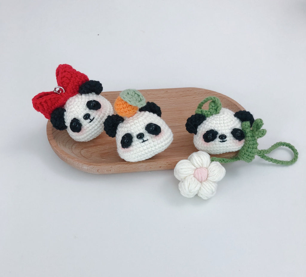 Crochet Keychain/Ornament/Brooch_Cute Pandas_ Crochet Bowknot/Orange/Bamboo