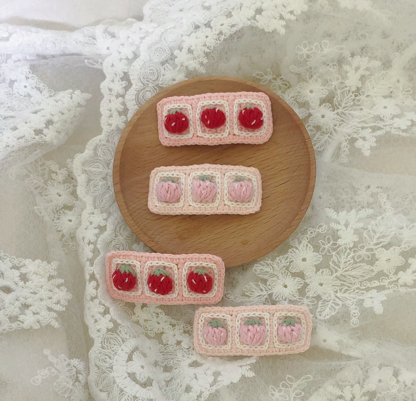 Crochet/Handmade Hair Clips/Hairpin/Fringe Pin/Bang Pin - Strawberries in Square