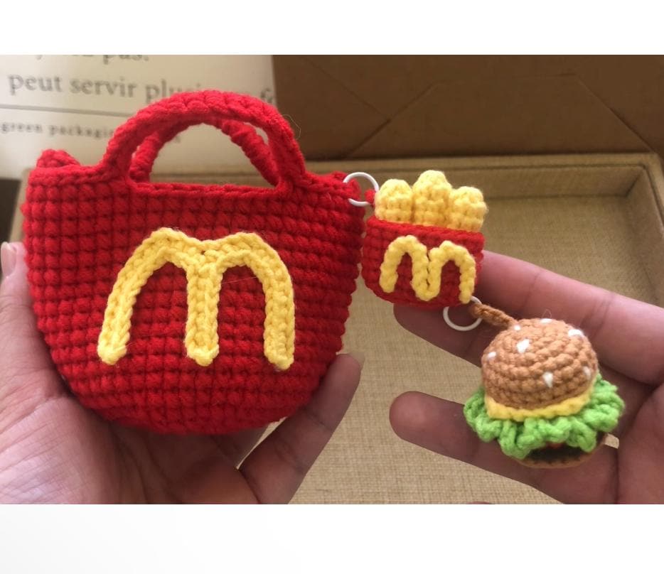 Crochet McDonald's mini crossbody bag with hamburger and fried chips - for earphone case/keychains- 100% handmade