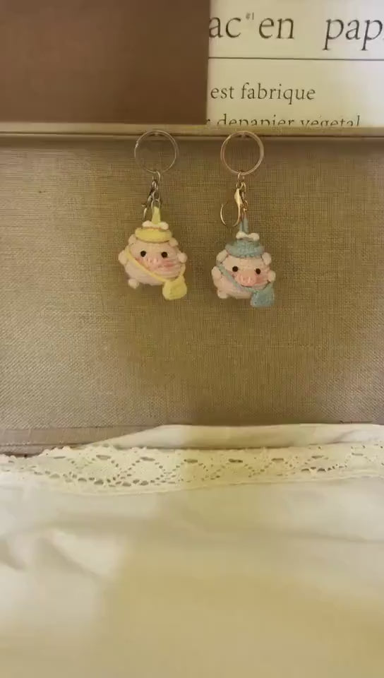 Crochet/Handmade/Knitted Keychain - Piggie with schoolbag -mKeychain-Cute Bag Accessories/Ornaments/Key Ring