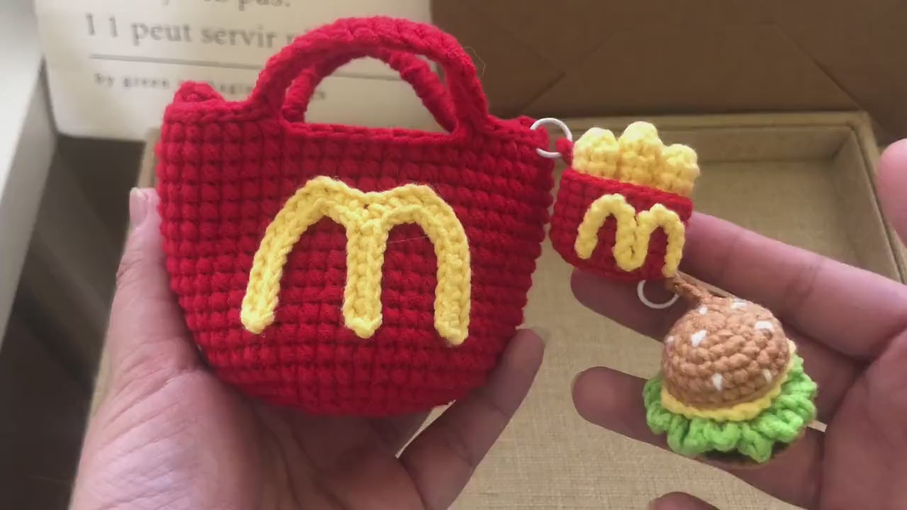 Crochet McDonald's mini crossbody bag with hamburger and fried chips - for earphone case/keychains- 100% handmade