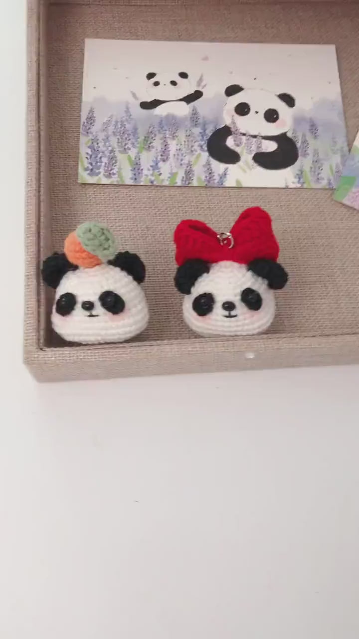 Crochet Keychain/Ornament/Brooch_Cute Pandas_ Crochet Bowknot/Orange/Bamboo